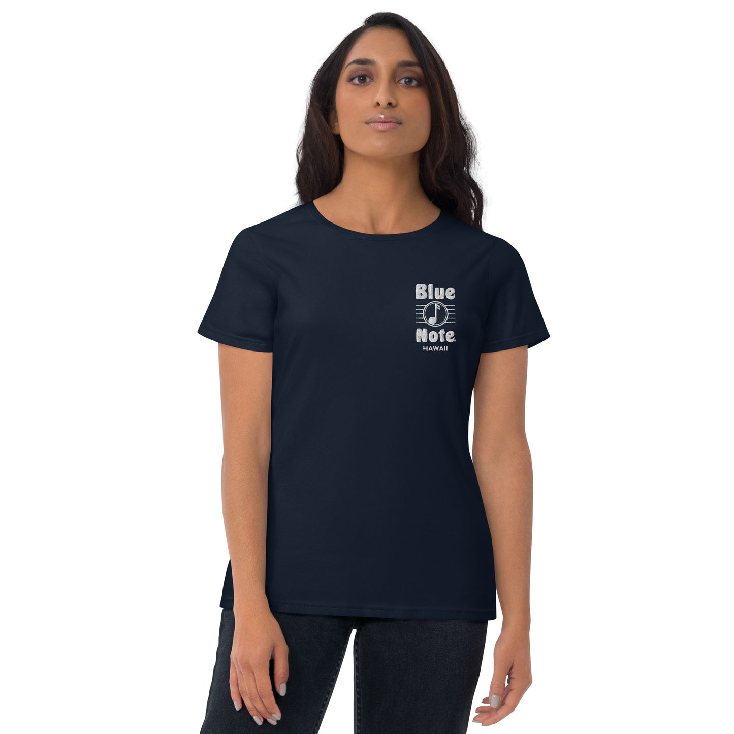 Ladies' Embroidered Blue Note Logo Tee - Gildan